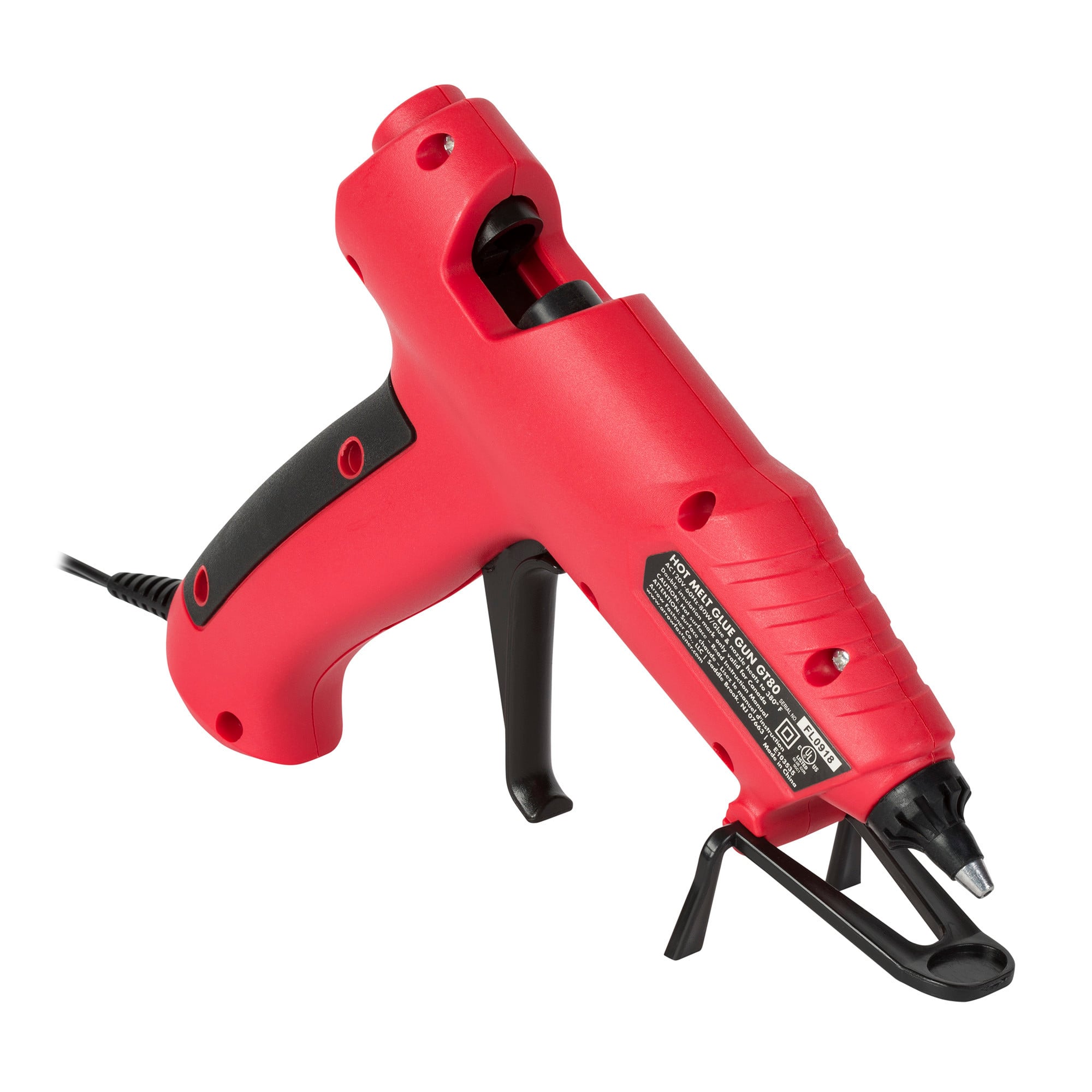  Red and black Arrow hot glue gun shown at an angle with black trigger, metal stand, and power cord on a white background.