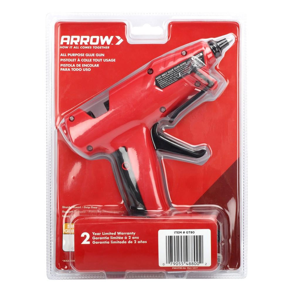  Back of Arrow hot glue gun retail packaging showing product features, operating information, included accessories, and barcode.