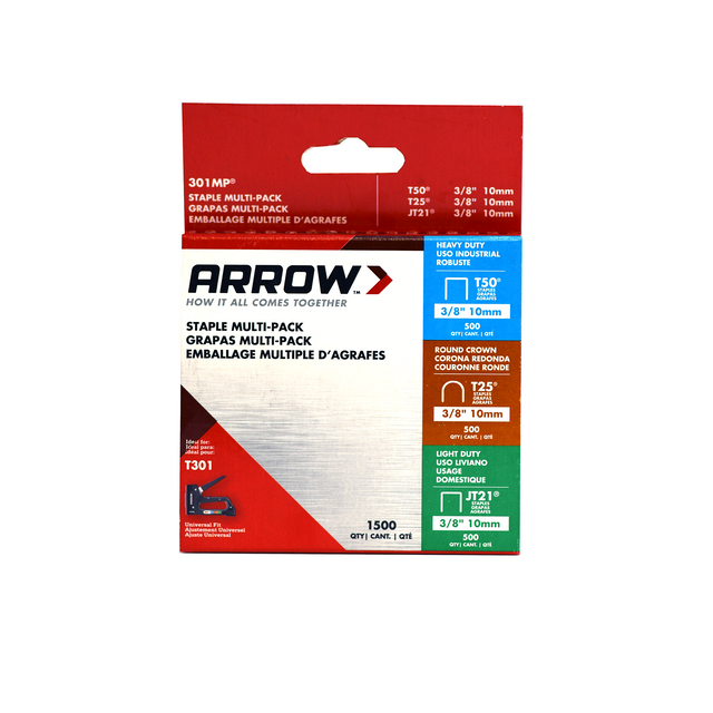 Image of Arrow Assorted Staples Multipack, Featuring 3/8" T50/JT21/T25 Staples, 500ct Each