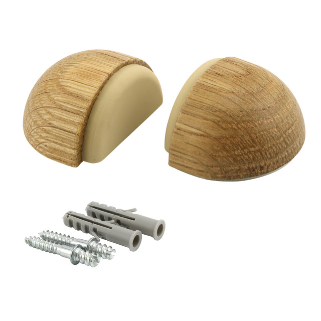 Image of WORKPRO W133318 Wooden Adhesive or Screw Mounted Soft Bumper Dome Door Stopper, Oak Finish (Pack of 2)