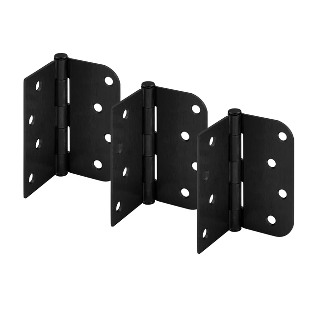 Image of Door Hinge Residential Smooth Pivot, 4 in. x 4 in. with Unilateral Square &amp; 5/8 in. Radius Corners, 4 Holes per Leaf with Screws, Matte Black Finish, .087 in. Gauge (3 Pack)