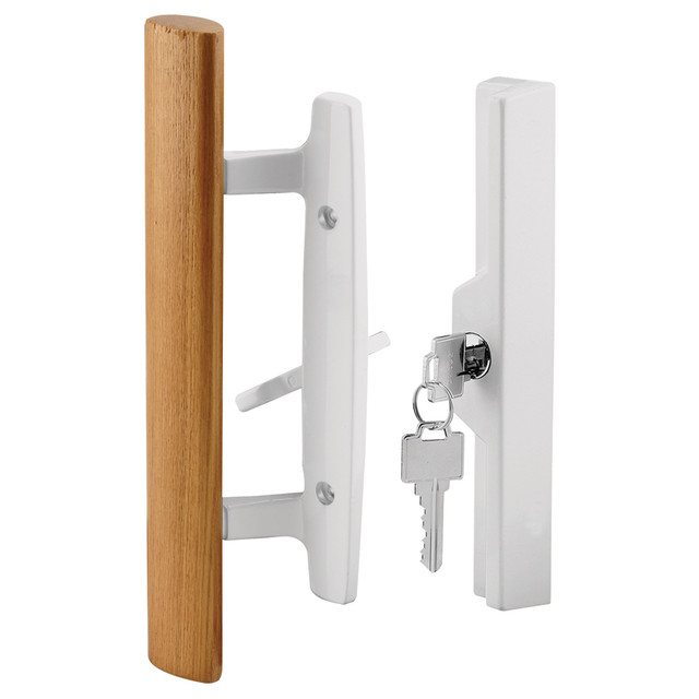 Image of Patio Door Handle Set, 3-15/16 In., Diecast, Wood Pull, White, Mortise, Keyed (Single Pack)