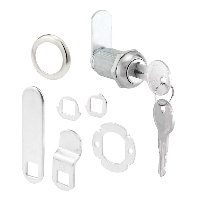 Image of Diecast Keyed Alike Drawer and Cabinet Lock – 3 Cams, Trim Collar, 2 Washers, 2 Keys and Fasteners – 1-1/8 in. Length for 13/16 in. Max Panel Thickness, Stainless Steel (Single Pack)