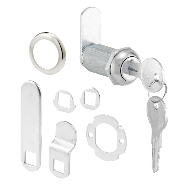 Image of Diecast Keyed Alike Drawer and Cabinet Lock – 3 Cams, Trim Collar, 2 Washers, 2 Keys and Fasteners – 1-3/8 in. Length for 1 in. Max Panel Thickness, Stainless Steel (1 Set)