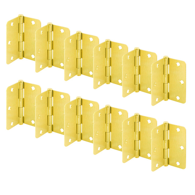 Image of Door Hinge Residential Smooth Pivot, 3-1/2 in. x 3-1/2 in. with 1/4 in. Radius Corners, 3 Holes per Leaf with Screws, Satin Brass Finish, .087 in. Gauge (12 Pack)