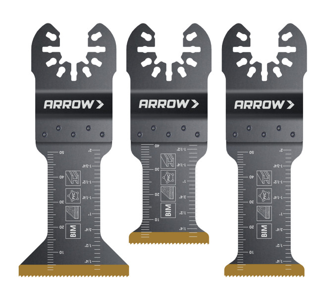 Image of Arrow OSC201VP-3 Titanium Metal/Wood Variety Pack Oscillating Tool Blades 1-1/4, 1-1/4, 1-3/4, 3ct