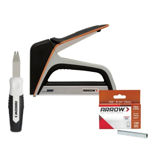 Image of Arrow T25XKIT Round Crown Wire &amp; Cable Staple Gun Kit with Staple Puller and 1100 T25 Round Crown Staples