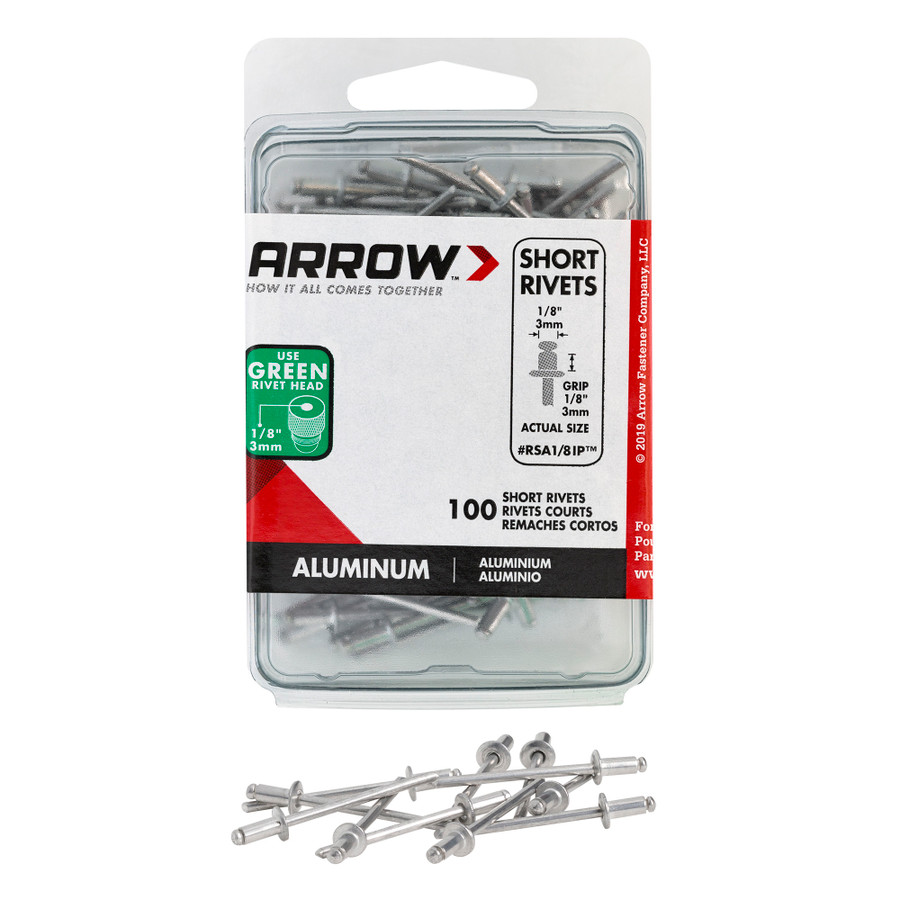 Arrow RSA1/8IP Short Aluminum 1/8-Inch Pop Rivets, 100-Pack