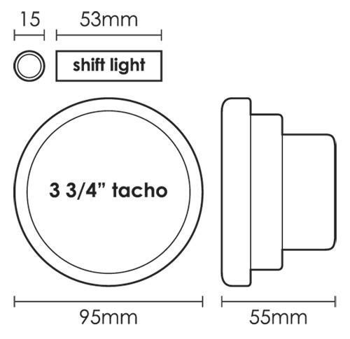 SAAS 95mm 3.75 Inch Tacho Black Face Gauge Shift Light