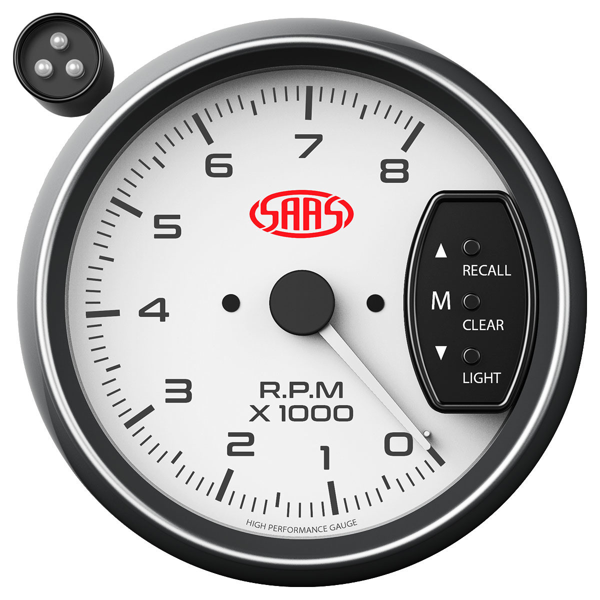 SAAS 95mm 3.75 Inch Tacho White Face Gauge Shift Light