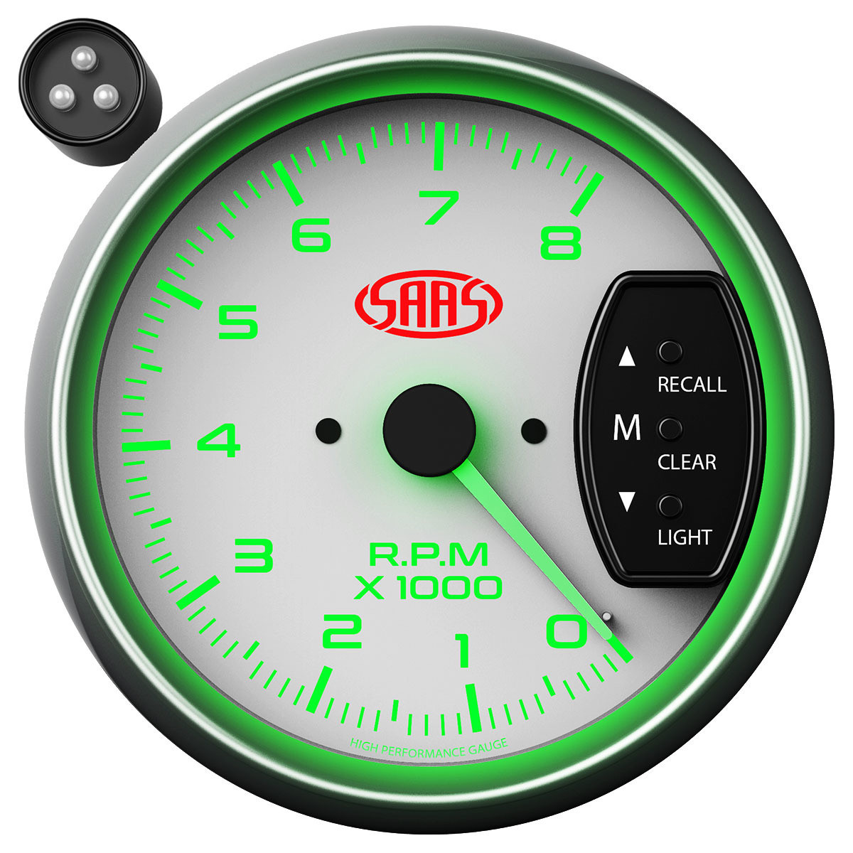 SAAS 95mm 3.75 Inch Tacho White Face Gauge Shift Light