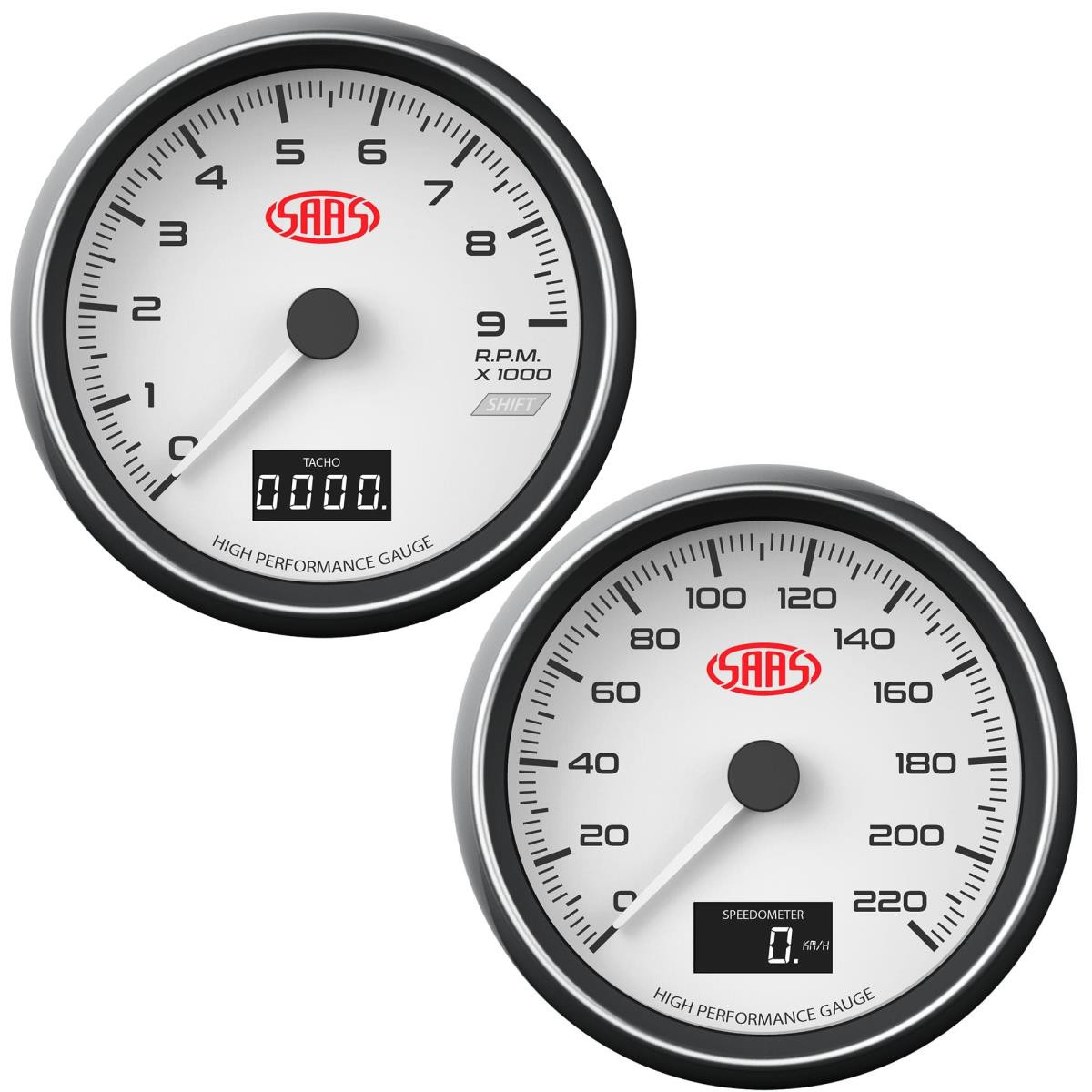 SAAS Speedometer + Tachometer 3 1/2" 89mm In Dash White Muscle Series