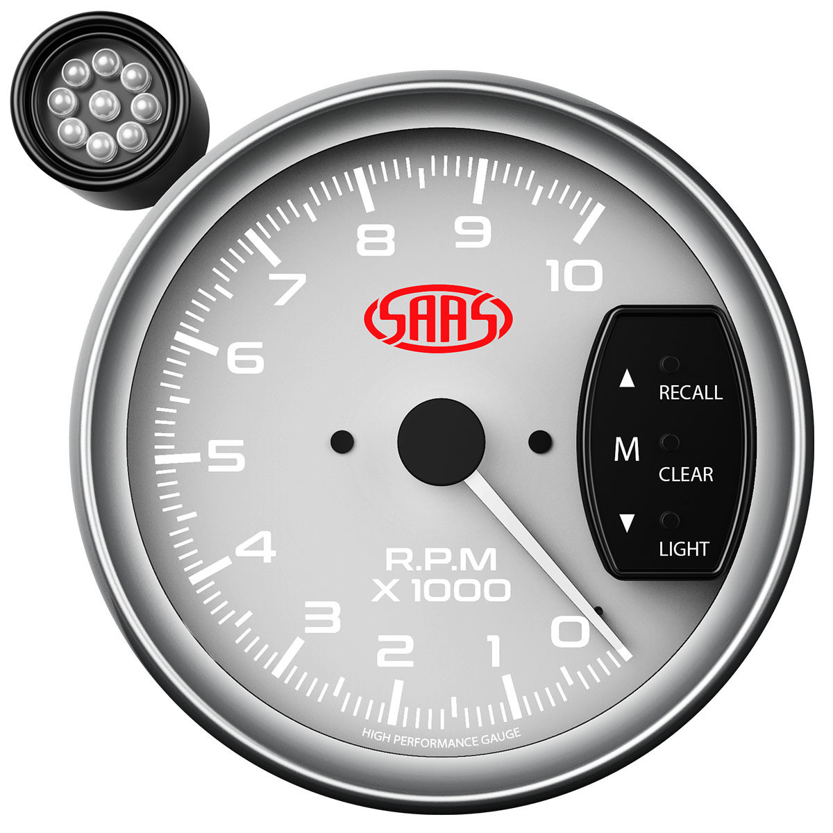 SAAS Tacho White Face 125mm 10,000 rpm Gauge Shift Light