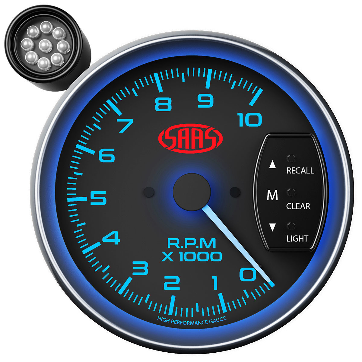 SAAS Tacho Black Face 125mm 10,000 rpm Gauge Shift Light