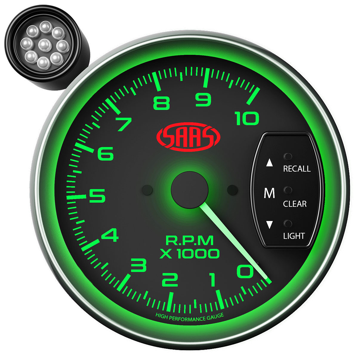 SAAS Tacho Black Face 125mm 10,000 rpm Gauge Shift Light