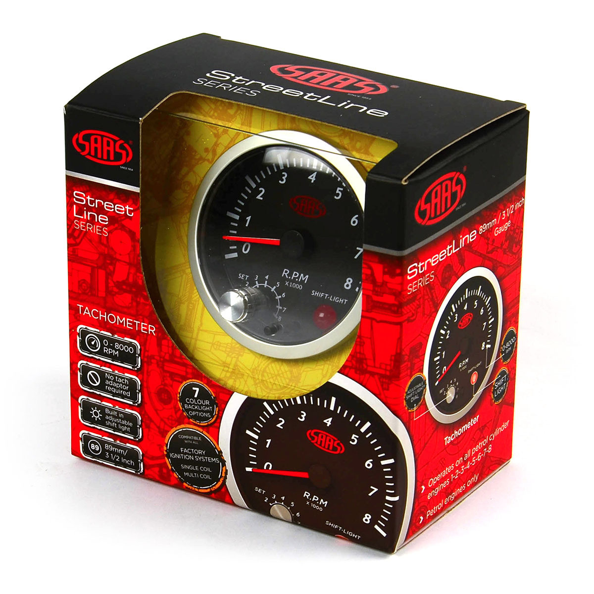 SAAS Tachometer 0-8K Shiftlite 3-1/2 Black Street Series