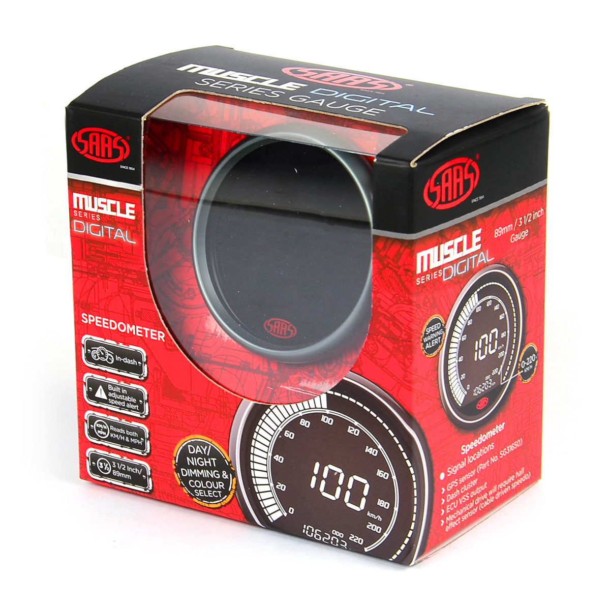 SAAS Speedo 220 KPH 3 1/2" 89mm In Dash Muscle Digital Series