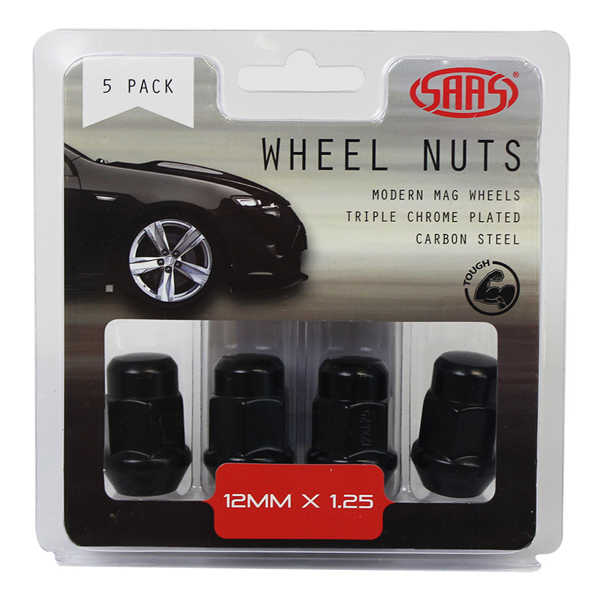 SAAS Wheel Nuts Acorn Bulge 12 X 1.25 Black 35mm 5pk