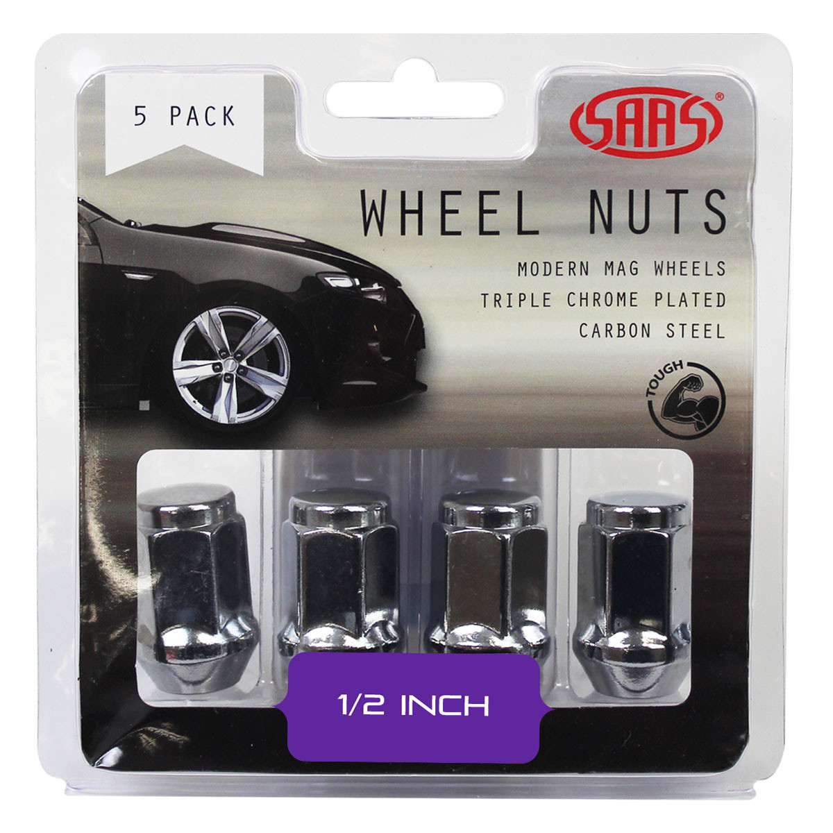 SAAS Wheel Nuts Flat Head Bulge 1/2" Chr 35mm 5pk