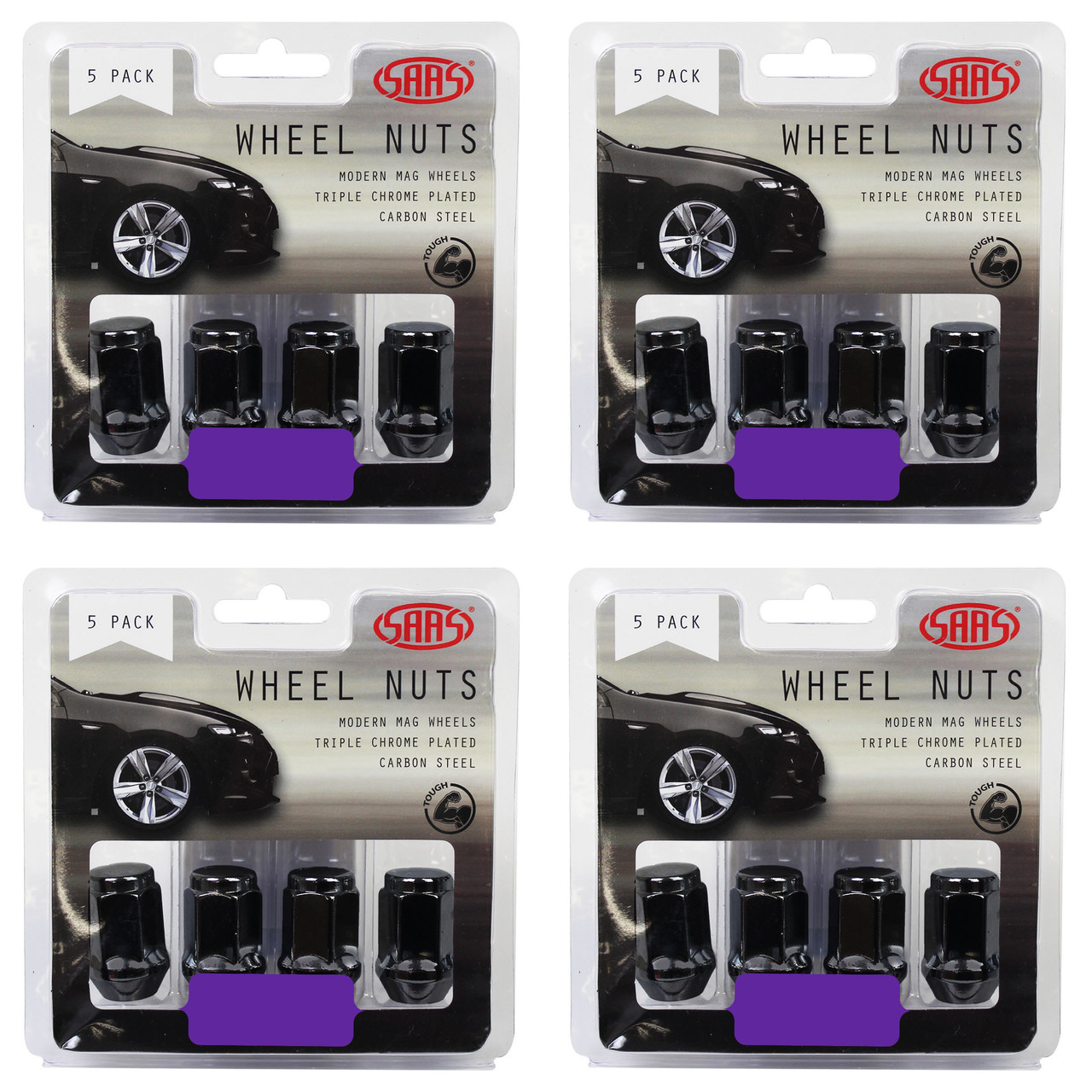 SAAS Wheel Nuts Flat Head Bulge 1/2" Black 35mm 5pk