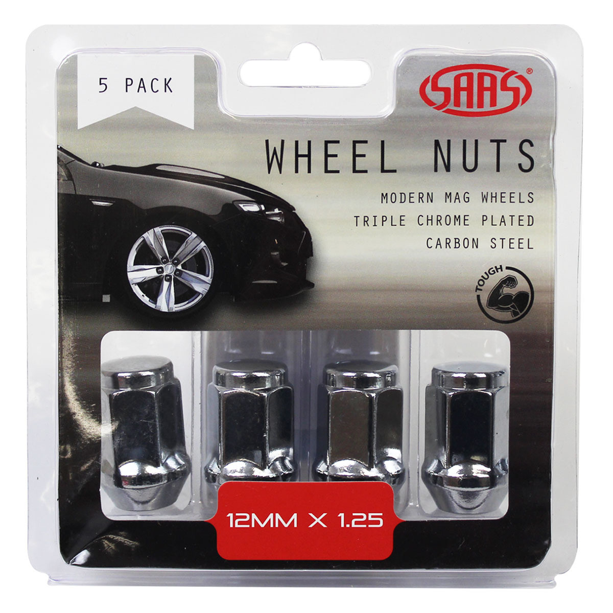 SAAS Wheel Nuts Flat Head Bulge 12 X 1.25 Chr 35mm 5pk
