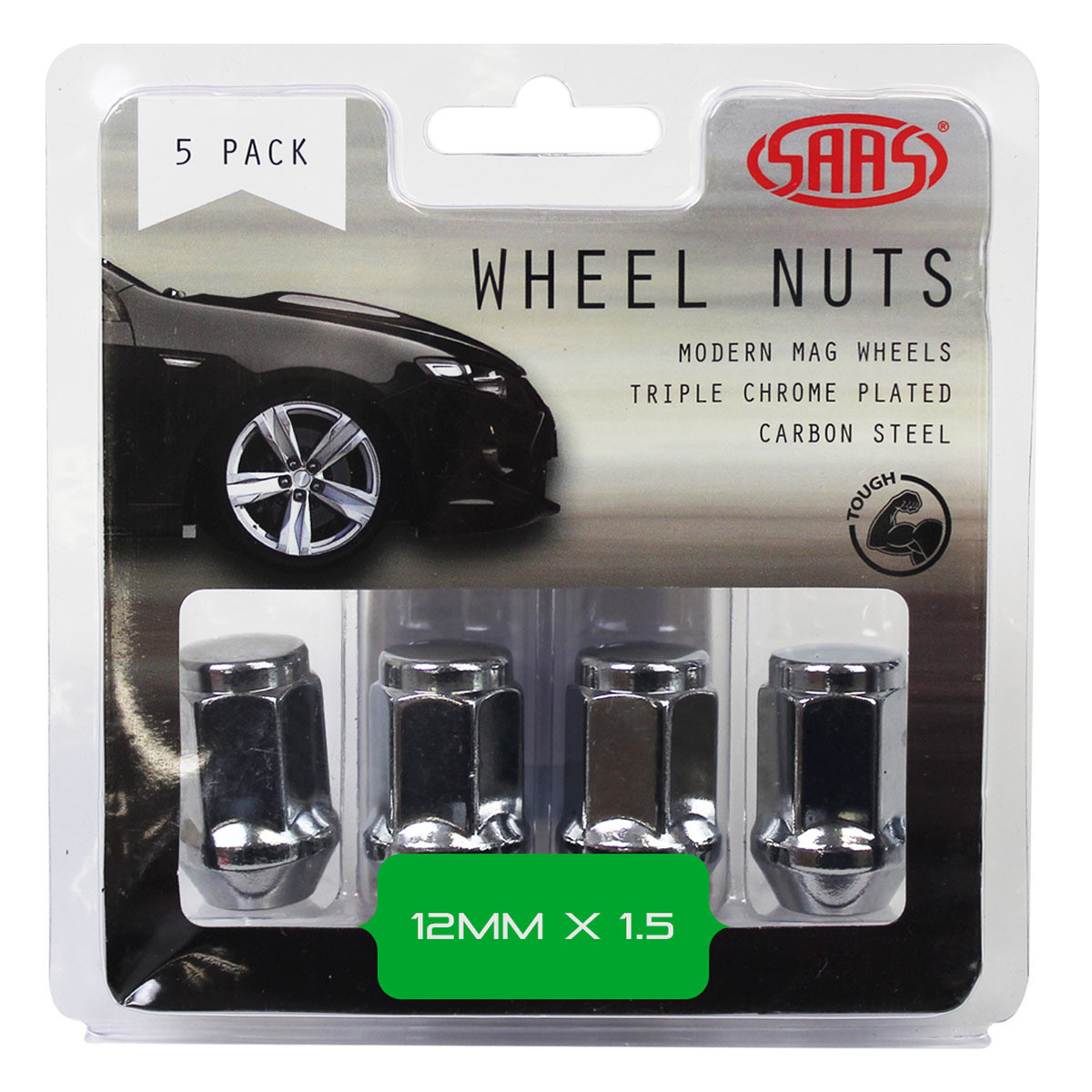 SAAS Wheel Nuts Flat Head Bulge 12 X 1.50 Chr 35mm 5pk