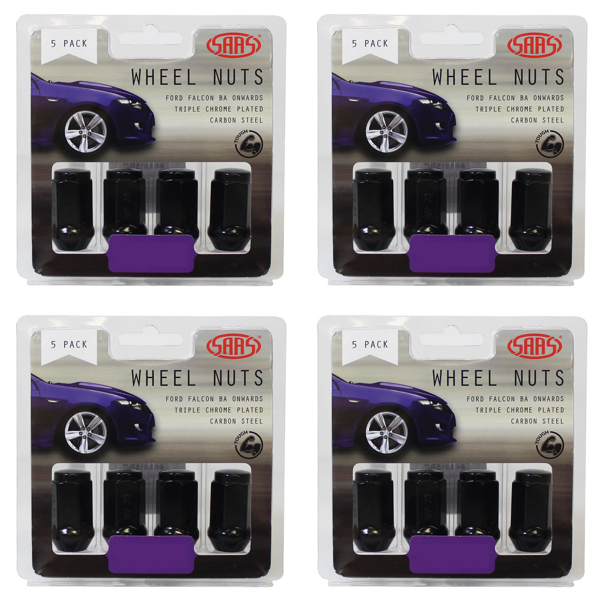 SAAS Wheel Nuts Flat Head Bulge 1/2" Black 40mm 5pk