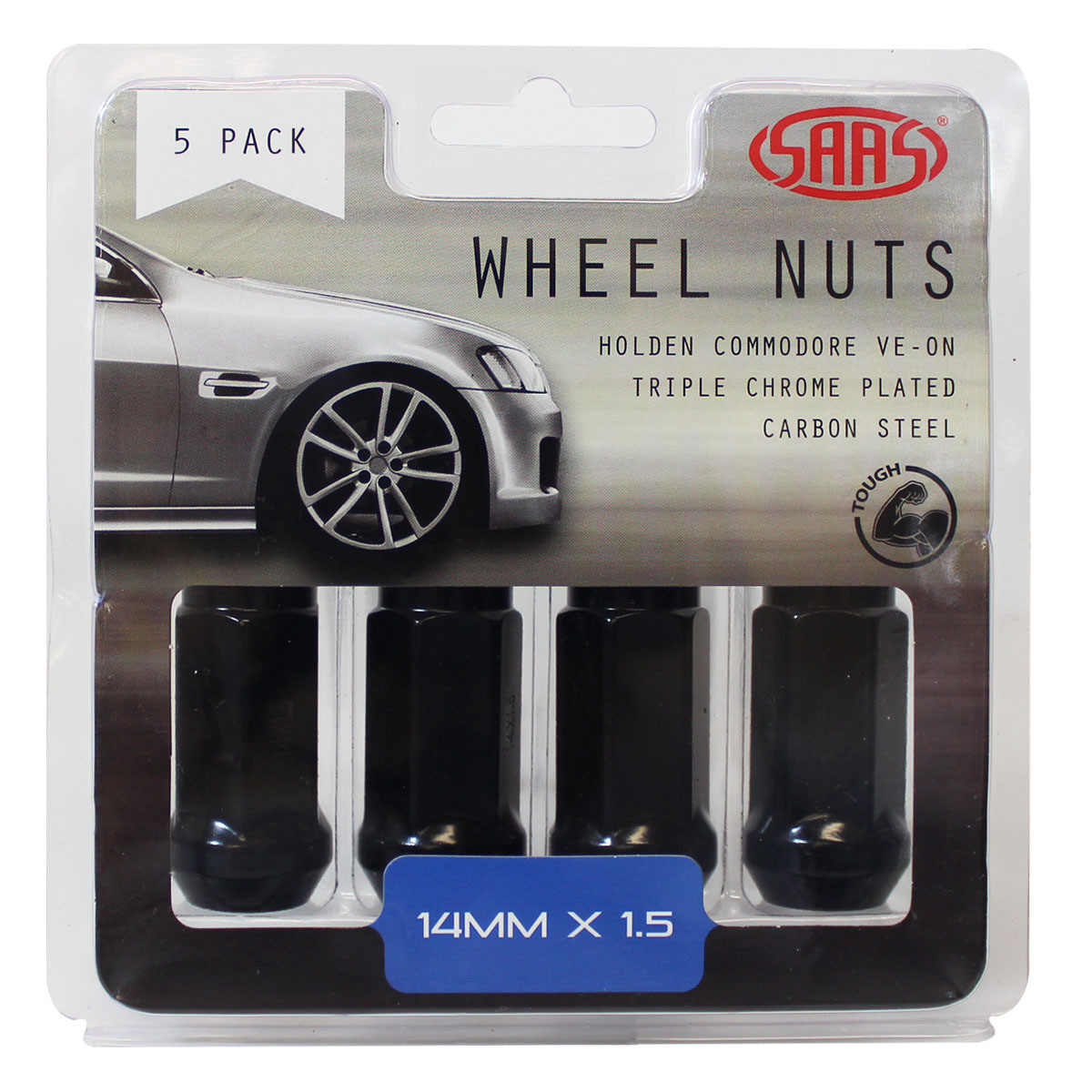 SAAS Wheel Nuts Flat Head Bulge 14x 1.5 Black 45mm 5pk