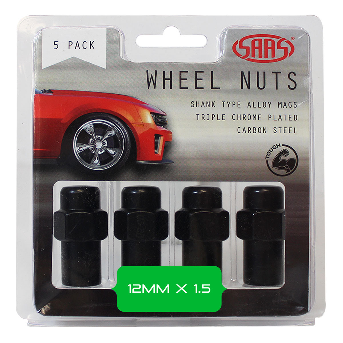 SAAS Wheel Nuts Mag 12 X 1.50 Black 43mm 5pk