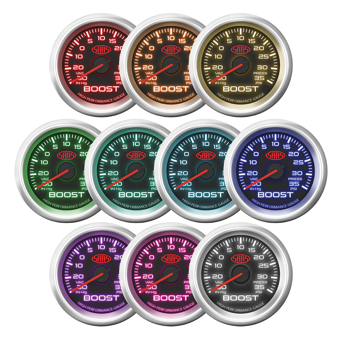 SAASBoost Gauge 30inHg-35psi 52mm Black Muscle Series 3