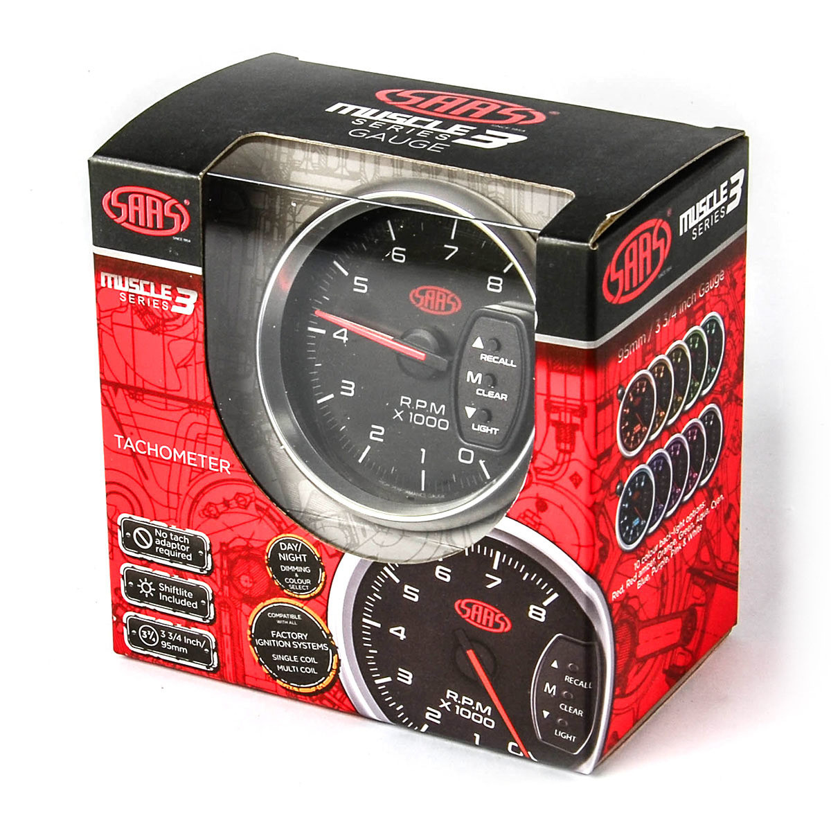 SAAS Tachometer 0-8K Shiftlite 3-3/4 Black Muscle Series 3