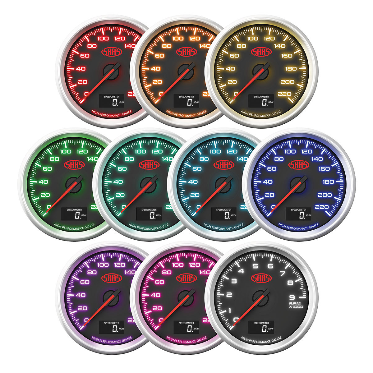 SAAS Speedometer 0 - 220 Kph 3 1/2 Indash Black Muscle Series 3