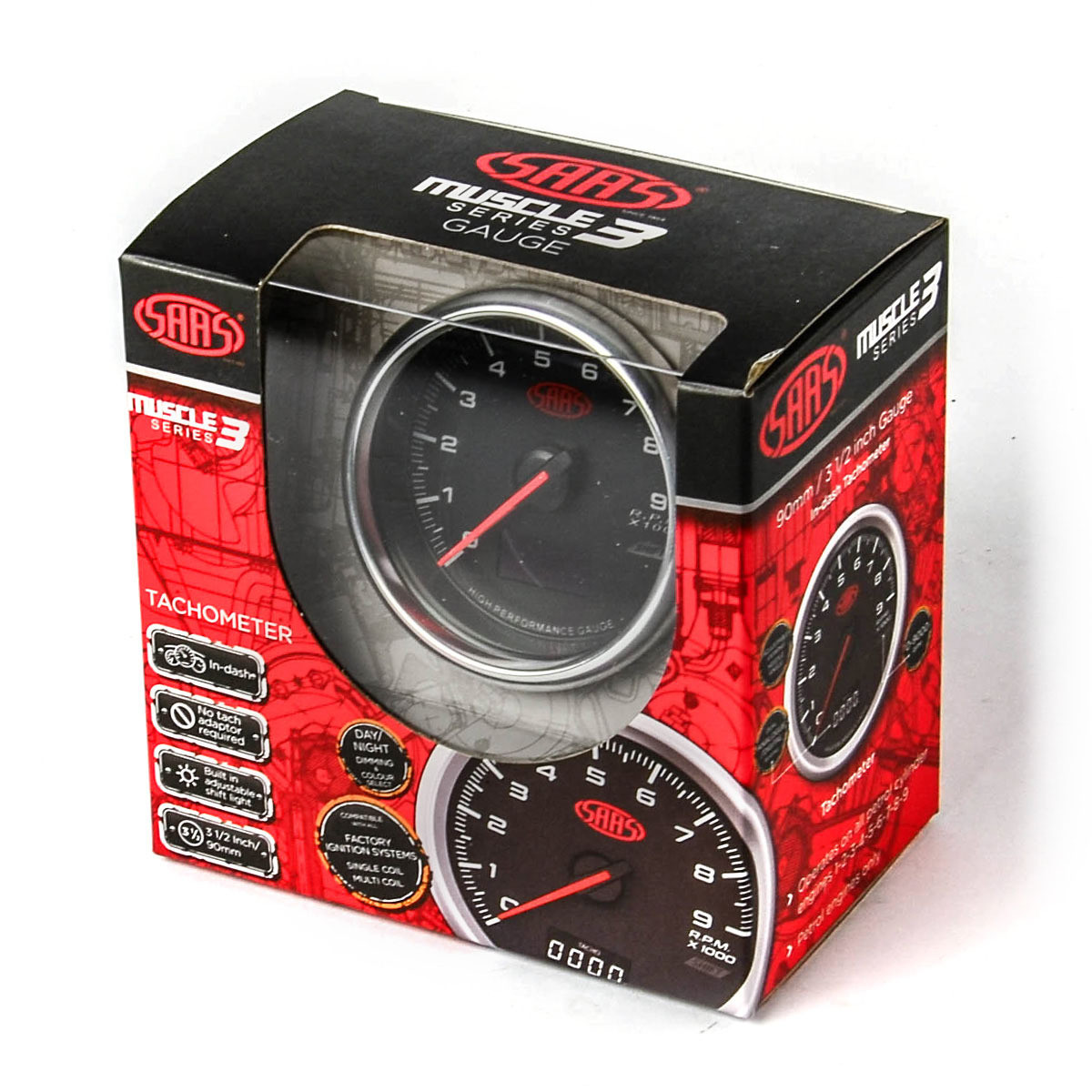 SAAS Speedometer 0 - 220 Kph 3 1/2 Indash Black Muscle Series 3
