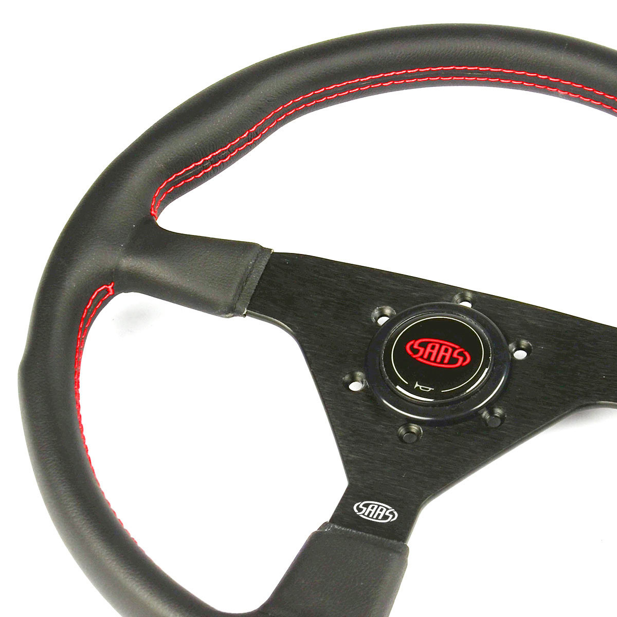 SAAS Sports Steering Wheel Leatherette 14" Black Spoke Red Euro Stitch