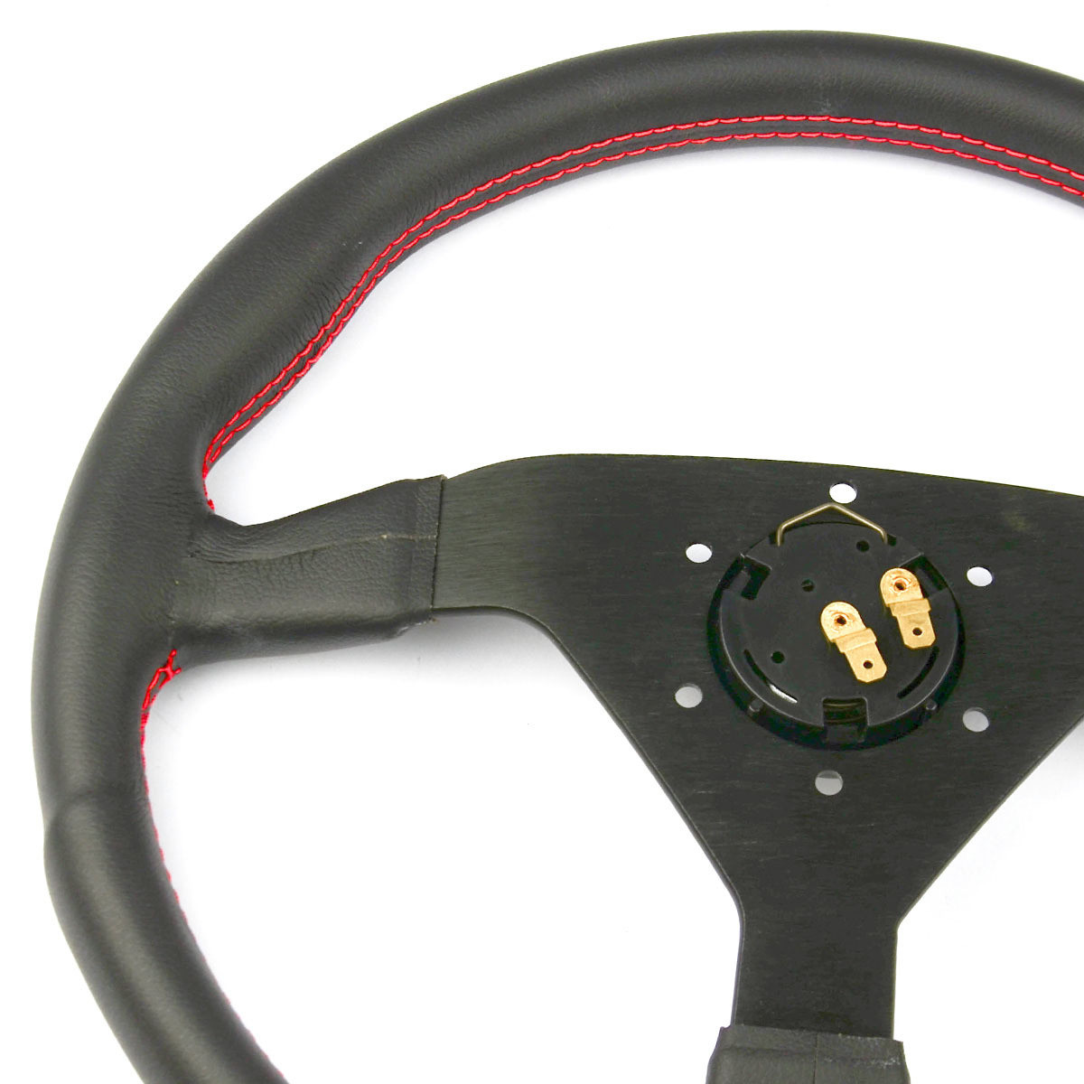 SAAS Sports Steering Wheel Leatherette 14" Black Spoke Red Euro Stitch