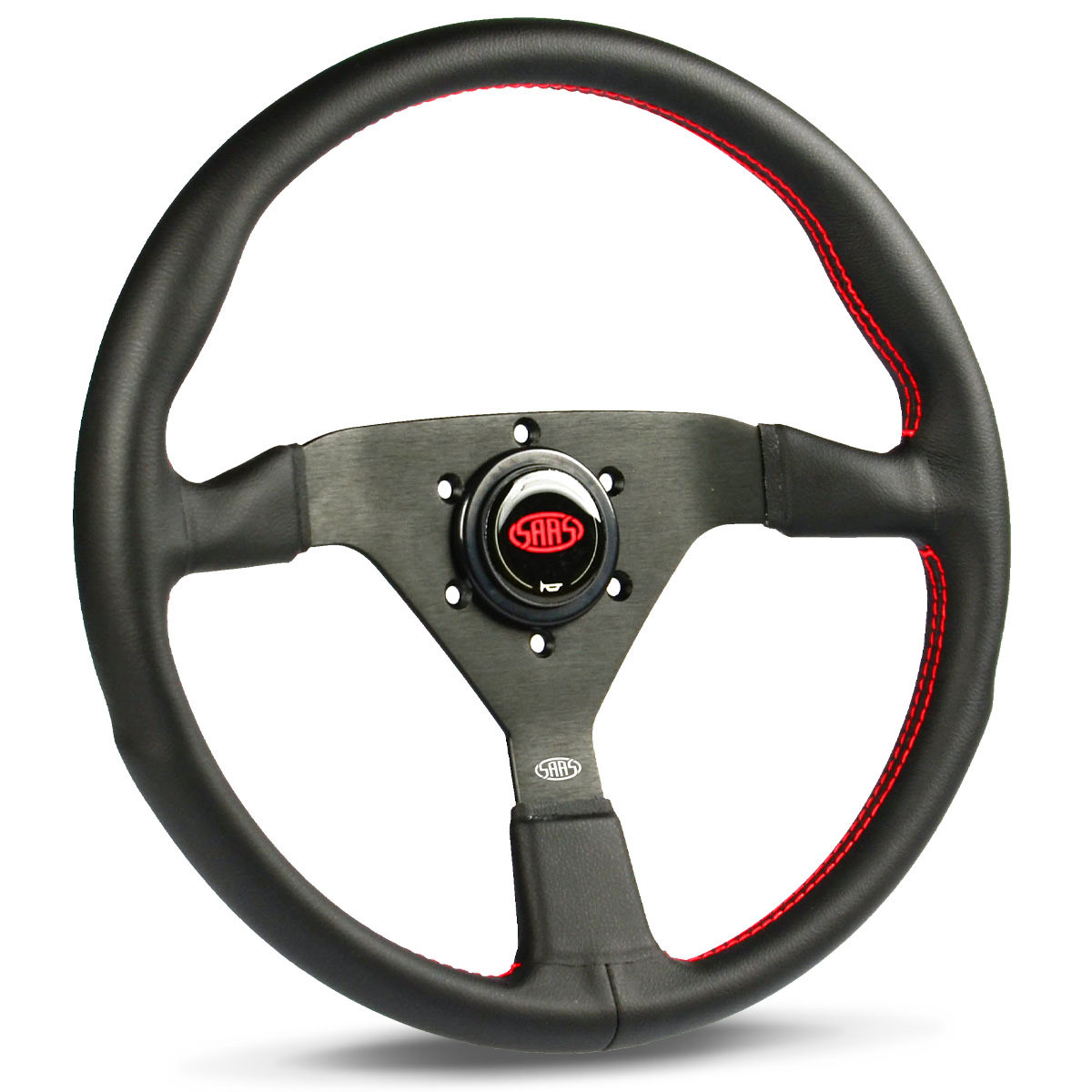 SAAS Sports Steering Wheel Leatherette 14" Black Spoke Red Euro Stitch