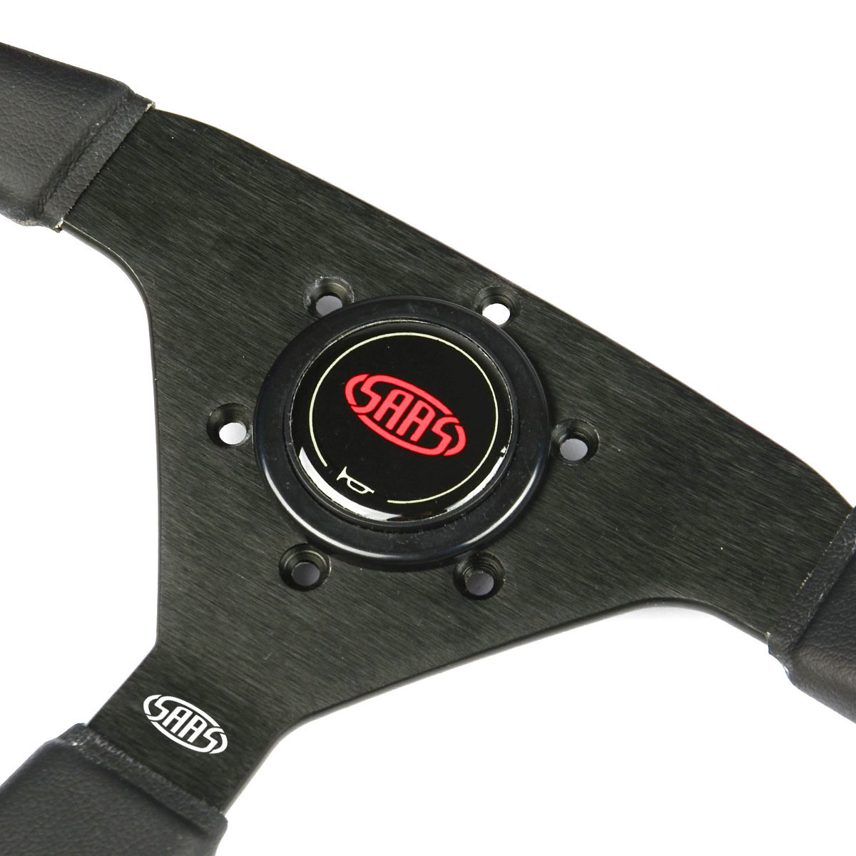 SAAS Sports Steering Wheel Leatherette 14" Black Spoke Red Euro Stitch