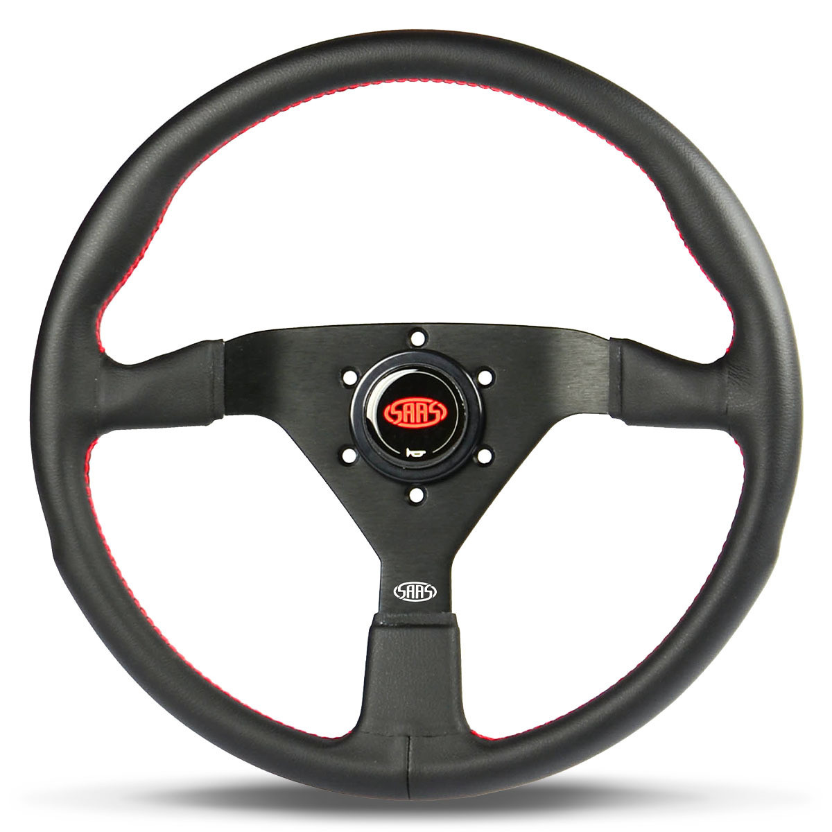 SAAS Sports Steering Wheel Leatherette 14" Black Spoke Red Euro Stitch