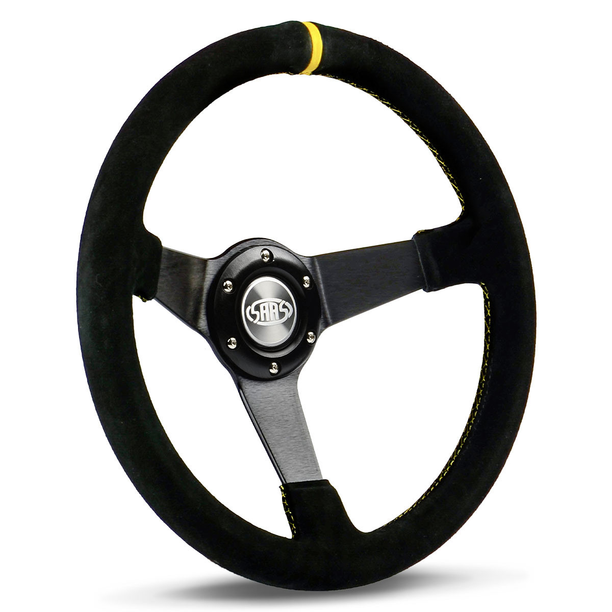 SAAS Sports Steering Wheel Suede 14"Drifter Yellow Stitch