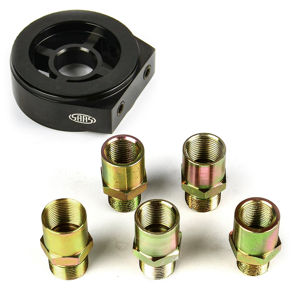 SAAS Oil Filter Sandwich Plate inc 5 Fittings Black Billet