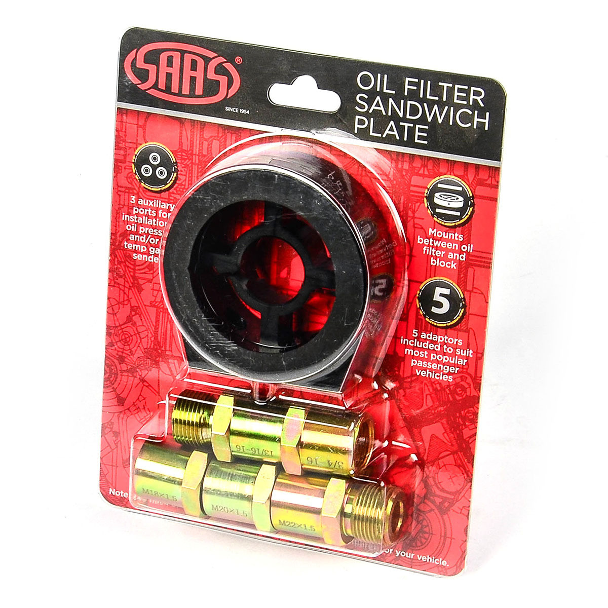 SAAS Oil Filter Sandwich Plate inc 5 Fittings Black Billet