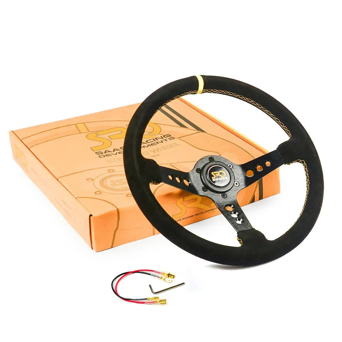 SAAS Sports Steering Wheel Suede SRD 14in DDish Black With Holes + Indicator