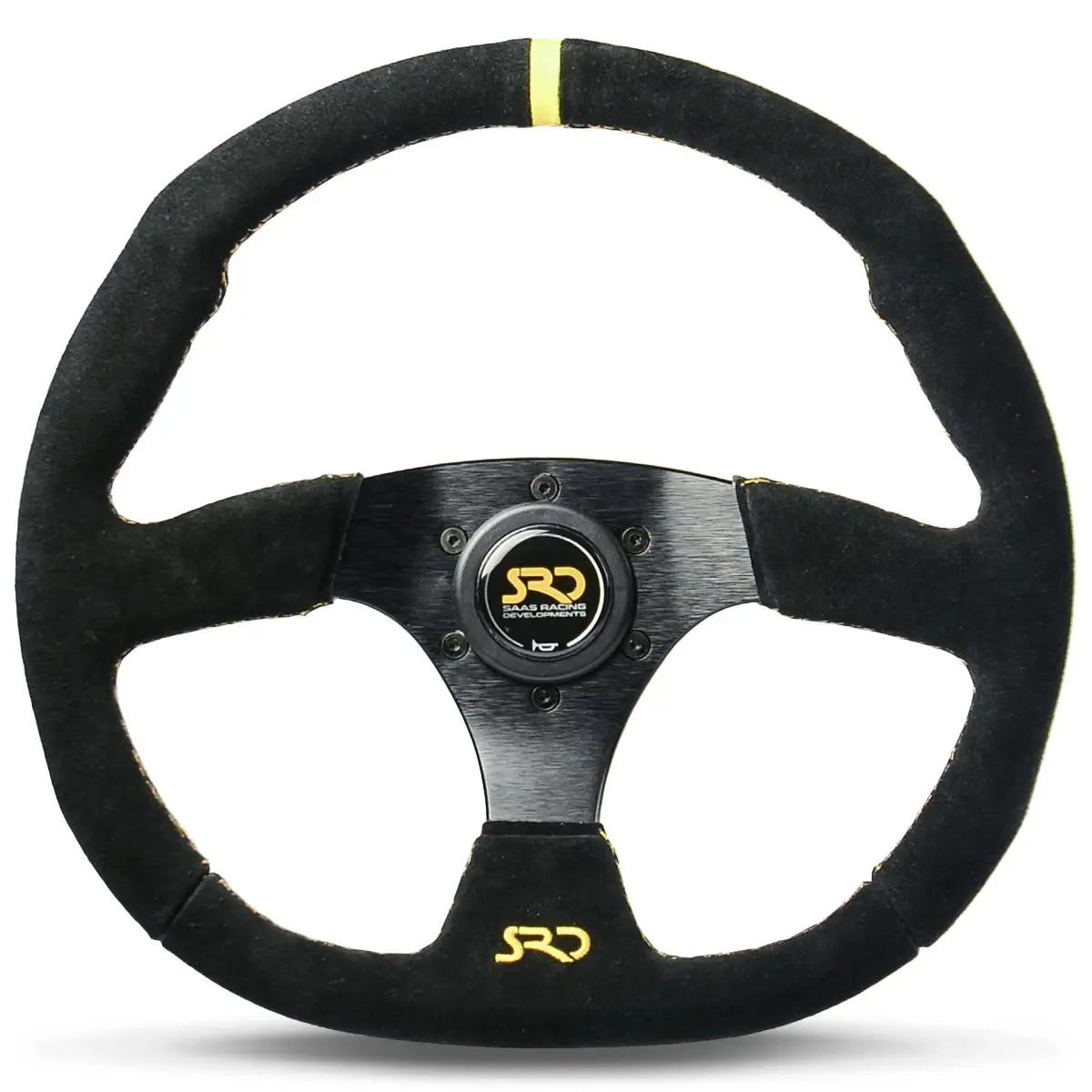 SAAS Sports Steering Wheel Suede SRD 14in Black Flat Bottom + Indicator
