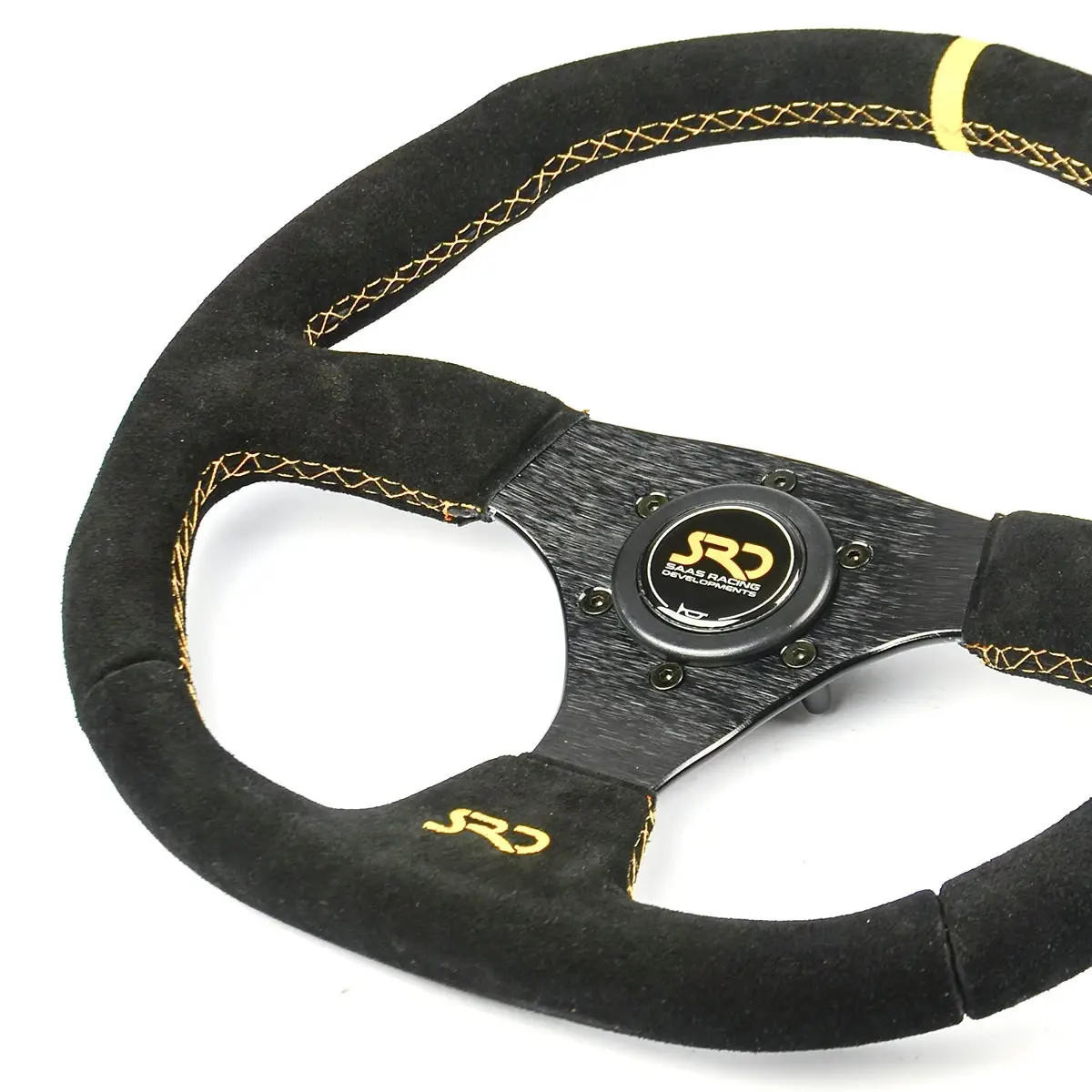 SAAS Sports Steering Wheel Suede SRD 14in Black Flat Bottom + Indicator