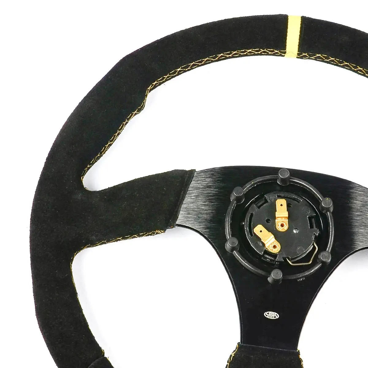 SAAS Sports Steering Wheel Suede SRD 14in Black Flat Bottom + Indicator