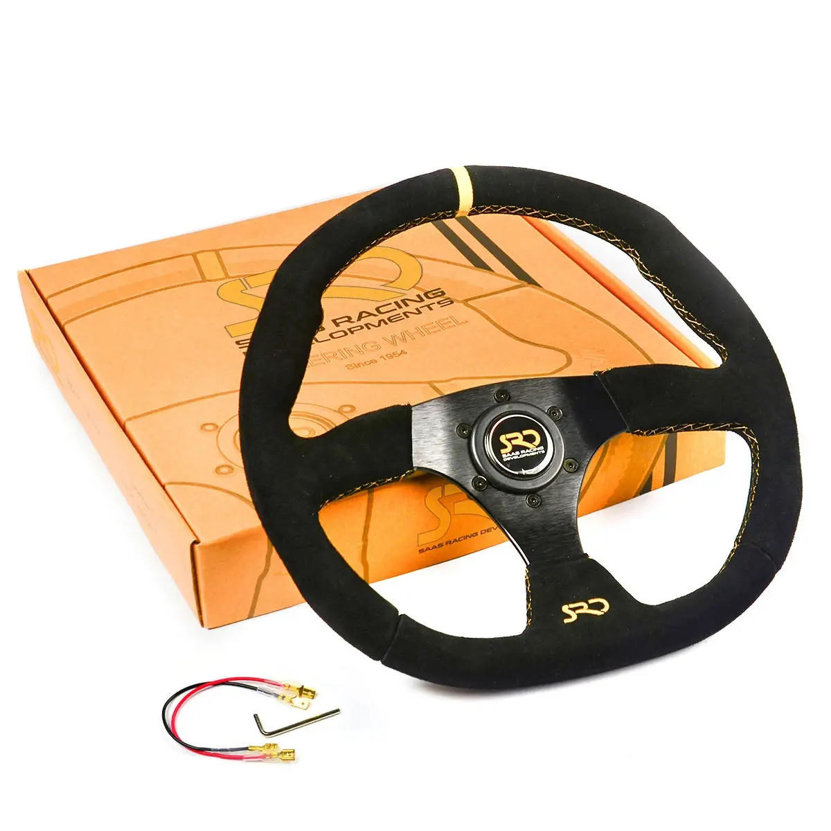 SAAS Sports Steering Wheel Suede SRD 14in Black Flat Bottom + Indicator