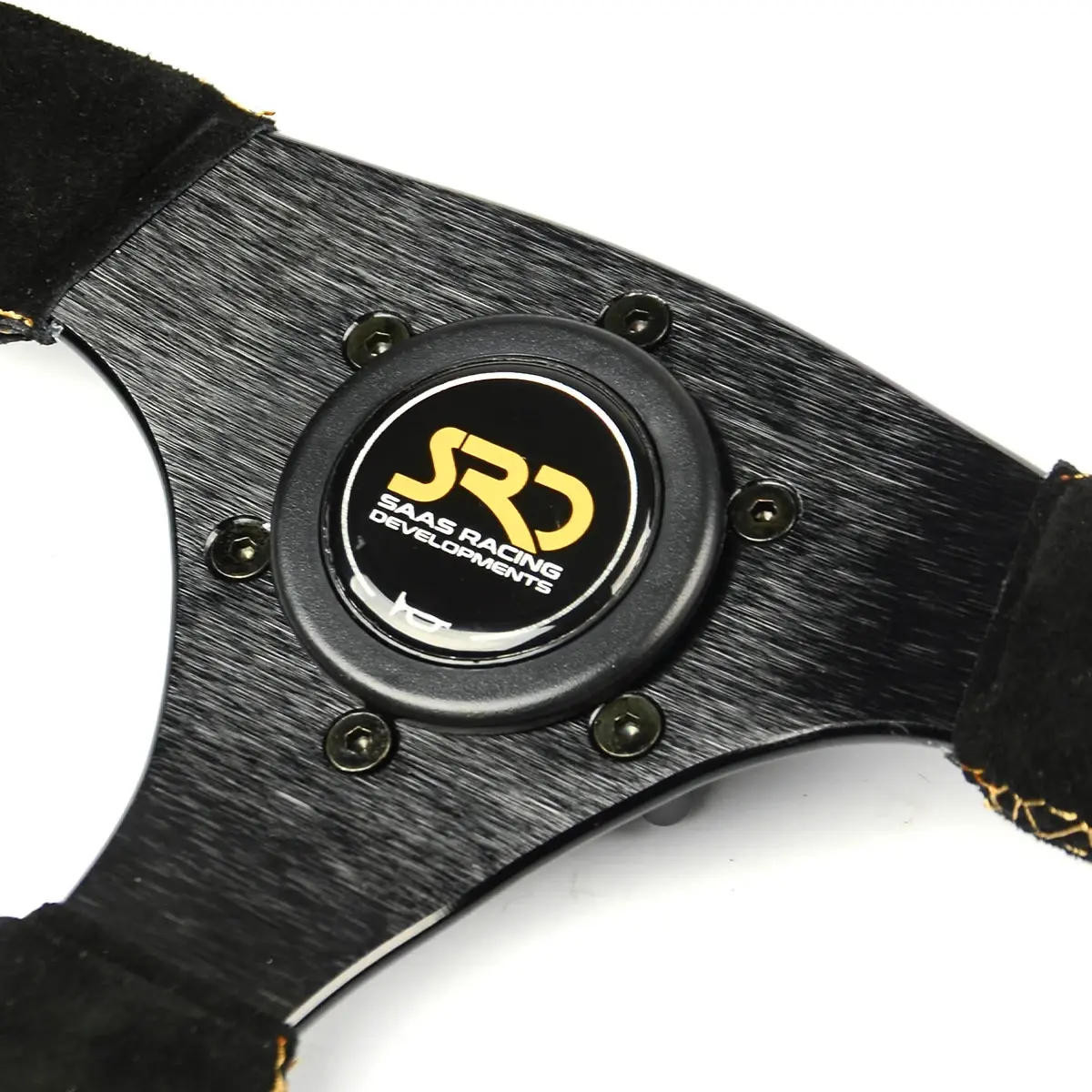 SAAS Sports Steering Wheel Suede SRD 14in Black Flat Bottom + Indicator