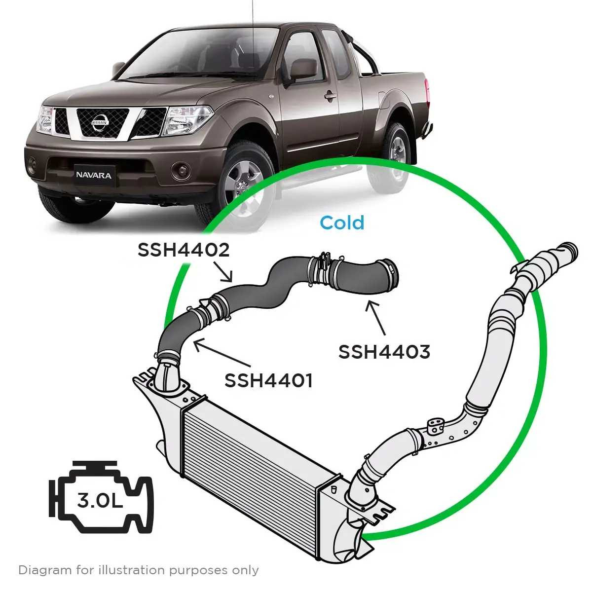 SAAS Silicone Intercooler 3 Pipe Cold Side Kit D40 550 Navara V9X