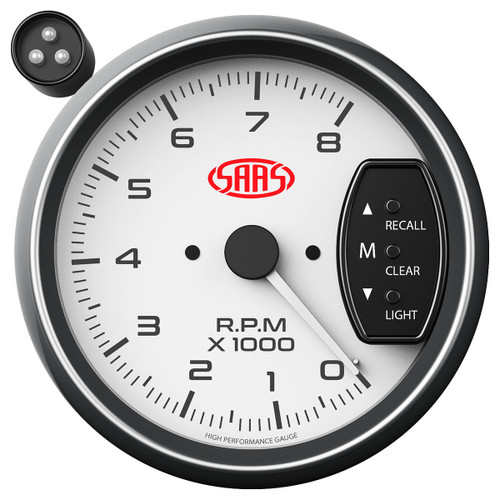 SAAS 95mm 3.75 Inch Tacho White Face Gauge Shift Light
