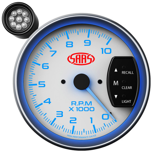 SAAS Tacho White Face 125mm 10,000 rpm Gauge Shift Light